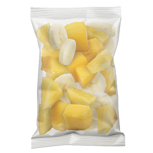 Ready-to-blend smoothie pack with banana mango and pineapple frozen pieces inside